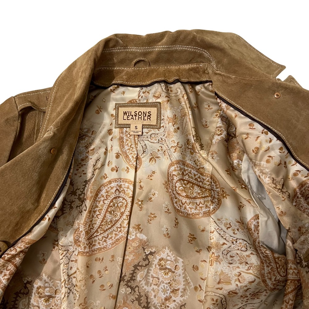 Wilsons Leather Brown Suede Belted Double Breasted Trench Coat Paisley Lined‎ S - Picture 3 of 11